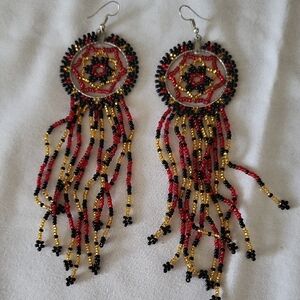 Handmade Beaded Fringe Earrings in Red, Black & Gold Never Worn
